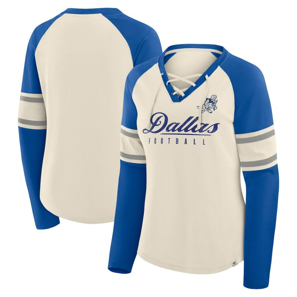 Dallas Cowboys Women's Hometown Gridiron Hero Raglan Lace-Up V-Neck Long Sleeve T-Shirt - Cream/Royal outlet