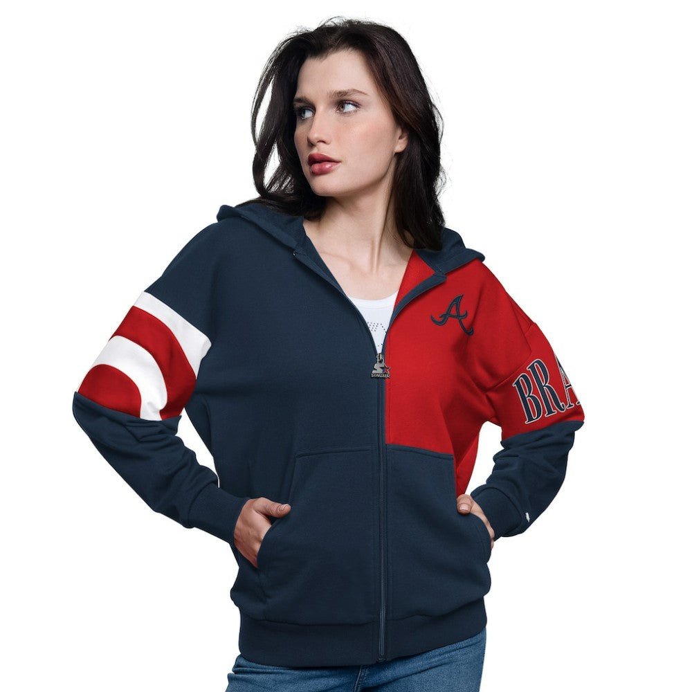 Atlanta Braves Starter Women's Curve Ball Full Zip Hoodie Sweatshirt - Navy/Red
