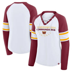 Washington Commanders Women's Redzone Blitz Package Raglan Lace-Up V-Neck Long Sleeve T-Shirt - White/Burgundy online