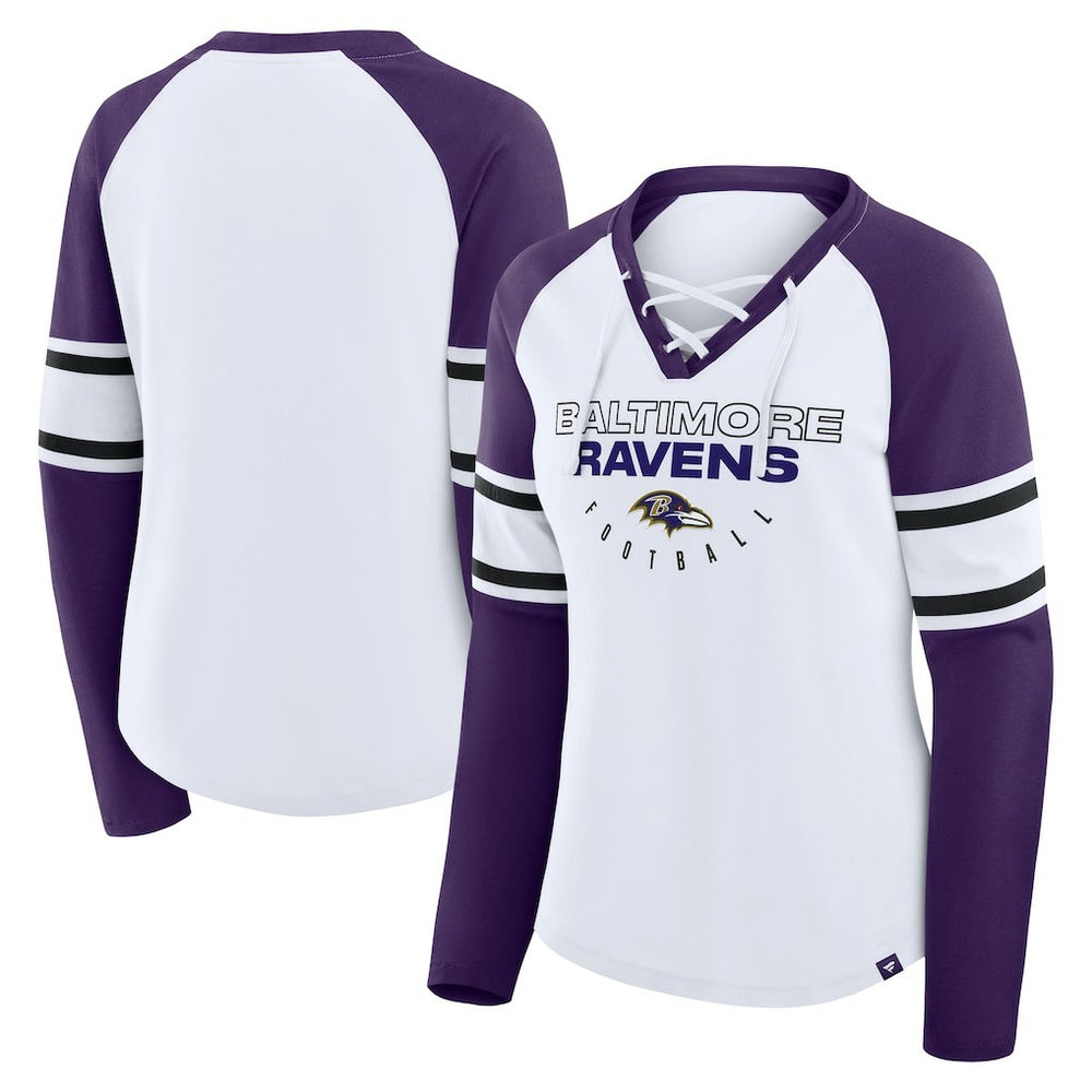 Baltimore Ravens Women's Redzone Blitz Package Raglan Lace-Up V-Neck Long Sleeve T-Shirt - White/Purple sale