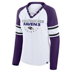 Baltimore Ravens Women's Redzone Blitz Package Raglan Lace-Up V-Neck Long Sleeve T-Shirt - White/Purple sale