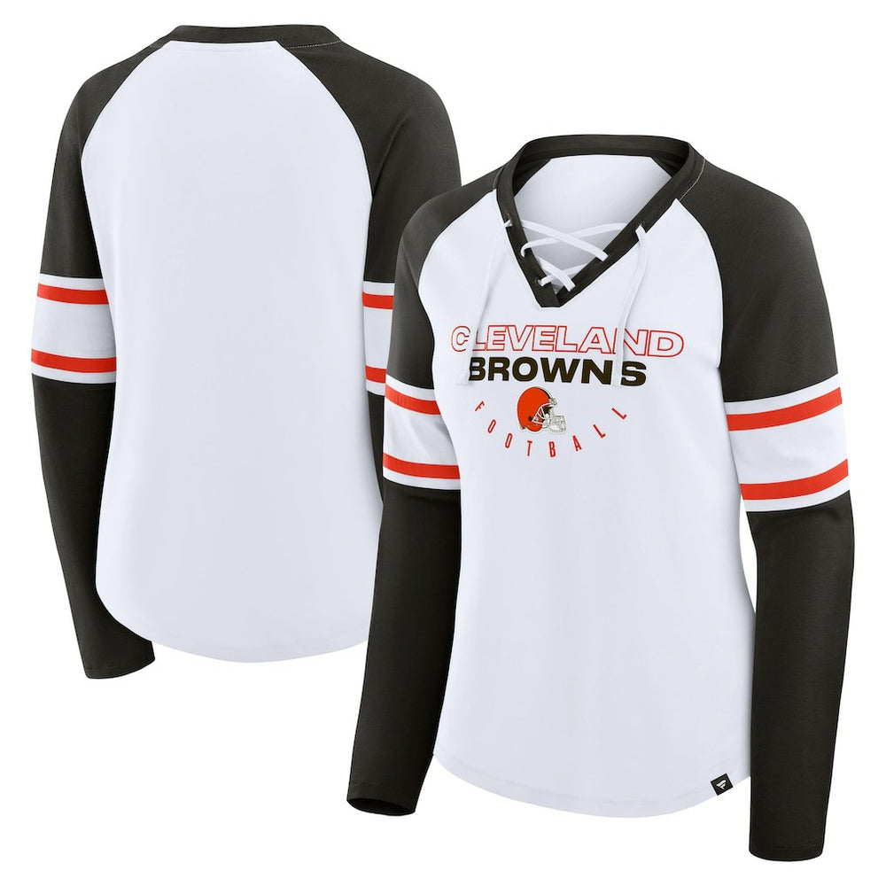 Cleveland Browns Women's Redzone Blitz Package Raglan Lace-Up V-Neck Long Sleeve T-Shirt - White/Brown on sale