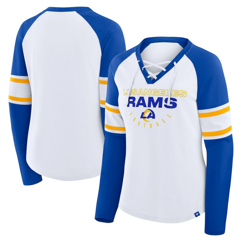 Los Angeles Rams Women's Redzone Blitz Package Raglan Lace-Up V-Neck Long Sleeve T-Shirt - White/Royal discount