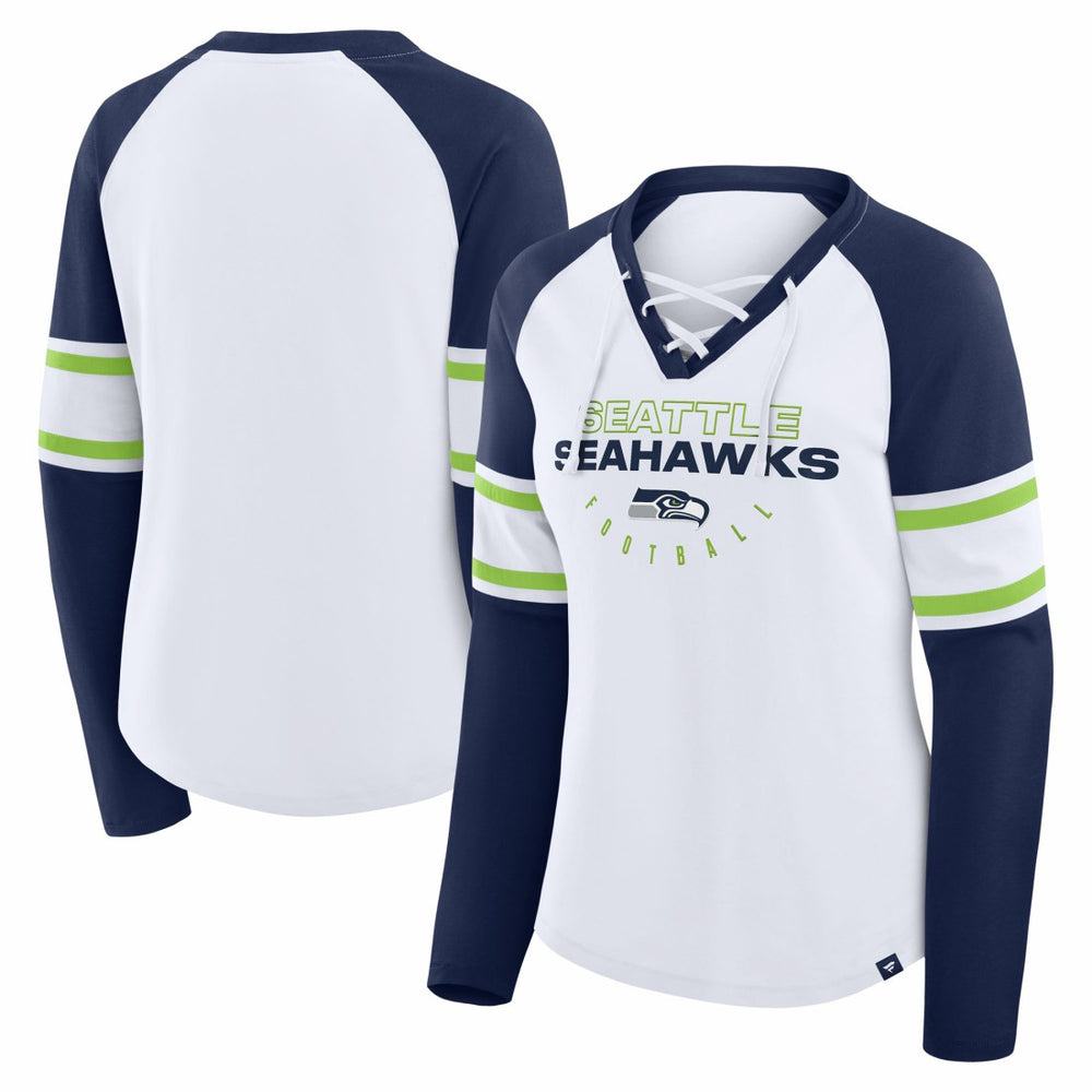 Seattle Seahawks Women's Redzone Blitz Package Raglan Lace-Up V-Neck Long Sleeve T-Shirt - White/College Navy on sale
