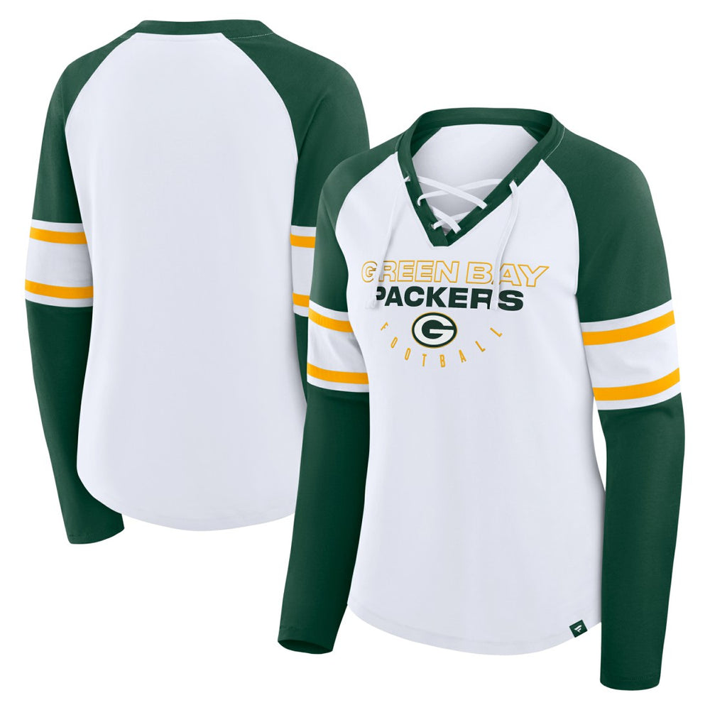 Green Bay Packers Women's Redzone Blitz Package Raglan Lace-Up V-Neck Long Sleeve T-Shirt - White/Green sale