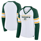 Green Bay Packers Women's Redzone Blitz Package Raglan Lace-Up V-Neck Long Sleeve T-Shirt - White/Green sale