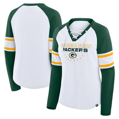 Green Bay Packers Women's Redzone Blitz Package Raglan Lace-Up V-Neck Long Sleeve T-Shirt - White/Green sale