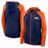 Denver Broncos Women's Redzone End Around Pass Raglan Full-Zip Hoodie - Navy/Orange on sale
