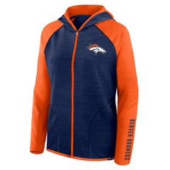 Denver Broncos Women's Redzone End Around Pass Raglan Full-Zip Hoodie - Navy/Orange on sale