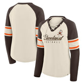 Cleveland Browns Women's Hometown Gridiron Hero Raglan Lace-Up V-Neck Long Sleeve T-Shirt - Cream/Brown discount
