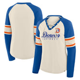 Denver Broncos Women's Hometown Gridiron Hero Raglan Lace-Up V-Neck Long Sleeve T-Shirt - Cream/Royal sale