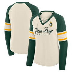 Green Bay Packers Women's Hometown Gridiron Hero Raglan Lace-Up V-Neck Long Sleeve T-Shirt - Cream/Green online