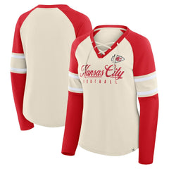 Kansas City Chiefs Women's Hometown Gridiron Hero Raglan Lace-Up V-Neck Long Sleeve T-Shirt - Cream/Red on sale