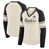 Las Vegas Raiders Women's Hometown Gridiron Hero Raglan Lace-Up V-Neck Long Sleeve T-Shirt - Cream/Black sale