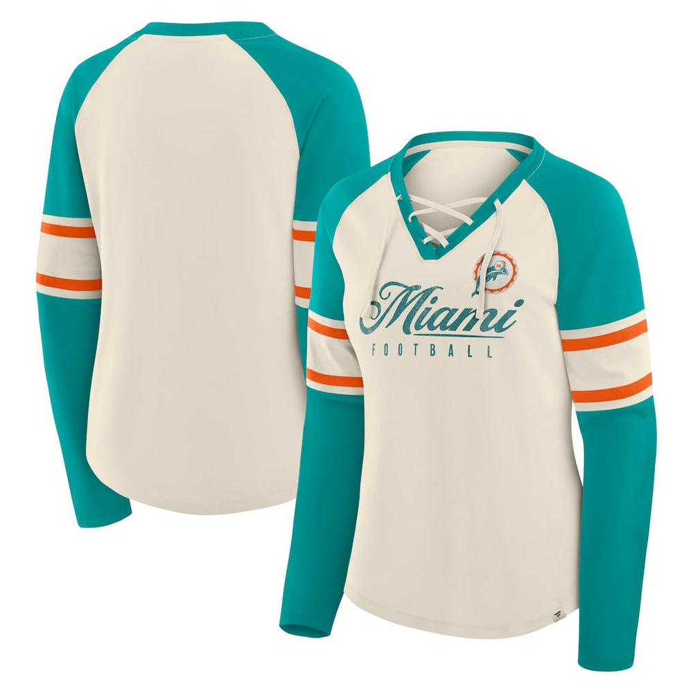 Miami Dolphins Women's Hometown Gridiron Hero Raglan Lace-Up V-Neck Long Sleeve T-Shirt - Cream/Aqua for sale