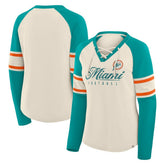 Miami Dolphins Women's Hometown Gridiron Hero Raglan Lace-Up V-Neck Long Sleeve T-Shirt - Cream/Aqua for sale