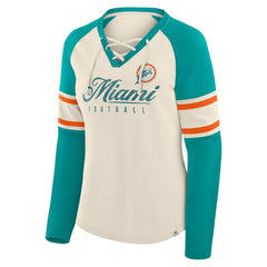 Miami Dolphins Women's Hometown Gridiron Hero Raglan Lace-Up V-Neck Long Sleeve T-Shirt - Cream/Aqua for sale