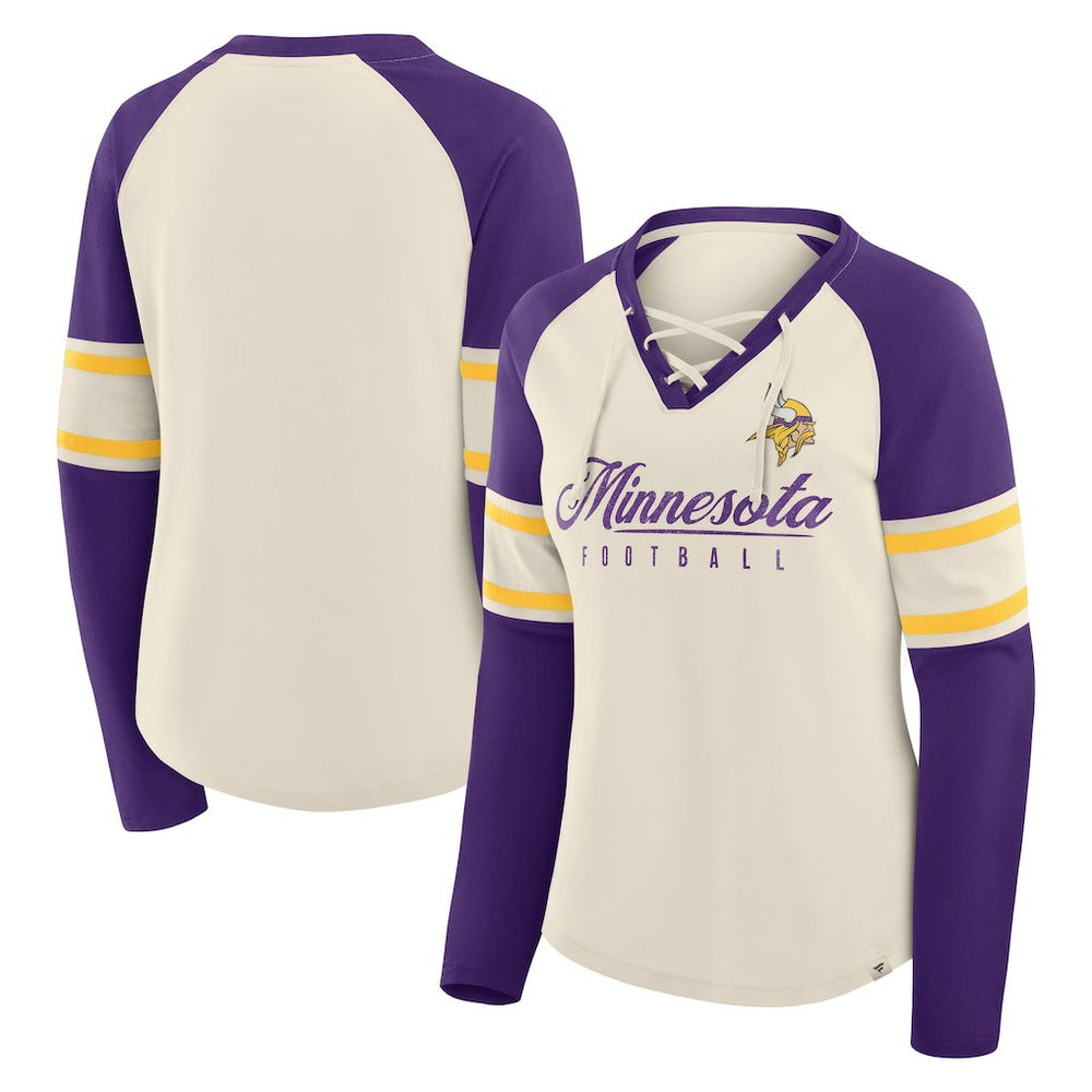 Minnesota Vikings Women's Hometown Gridiron Hero Raglan Lace-Up V-Neck Long Sleeve T-Shirt - Cream/Purple sale