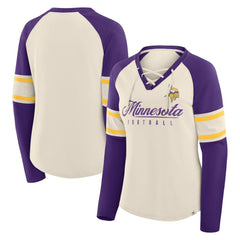 Minnesota Vikings Women's Hometown Gridiron Hero Raglan Lace-Up V-Neck Long Sleeve T-Shirt - Cream/Purple sale