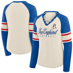 New England Patriots Women's Hometown Gridiron Hero Raglan Lace-Up V-Neck Long Sleeve T-Shirt - Cream/Royal for sale