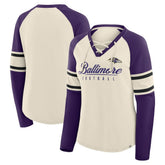 Baltimore Ravens Women's Hometown Gridiron Hero Raglan Lace-Up V-Neck Long Sleeve T-Shirt - Cream/Purple for sale