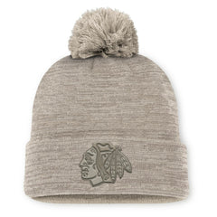 Chicago Blackhawks Fanatics Authentic Pro Road Cuffed Knit Hat with Pom Tan