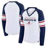 Atlanta Braves Women's Blitz Package Raglan Lace-Up V-Neck Long Sleeve T-Shirt - White/Navy