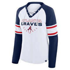 Atlanta Braves Women's Blitz Package Raglan Lace-Up V-Neck Long Sleeve T-Shirt - White/Navy