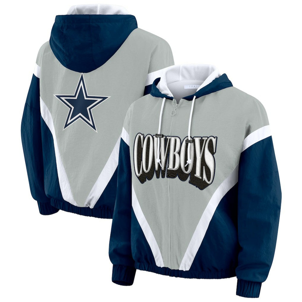 Dallas Cowboys WEAR by Erin Andrews Women's Plus Size Retro Crinkle Full-Zip Hoodie Windbreaker Jacket - Navy/Gray on sale