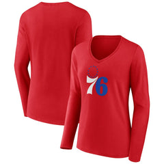 Philadelphia 76ers Women's Primary Logo Long Sleeve V-Neck T-Shirt - Red sale