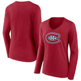 Montreal Canadiens Women's Primary Logo Long Sleeve V-Neck T-Shirt Red