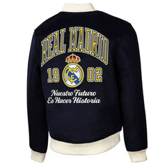 Real Madrid Sport Design Sweden Free Kick Wool Varsity Jacket - Navy for sale