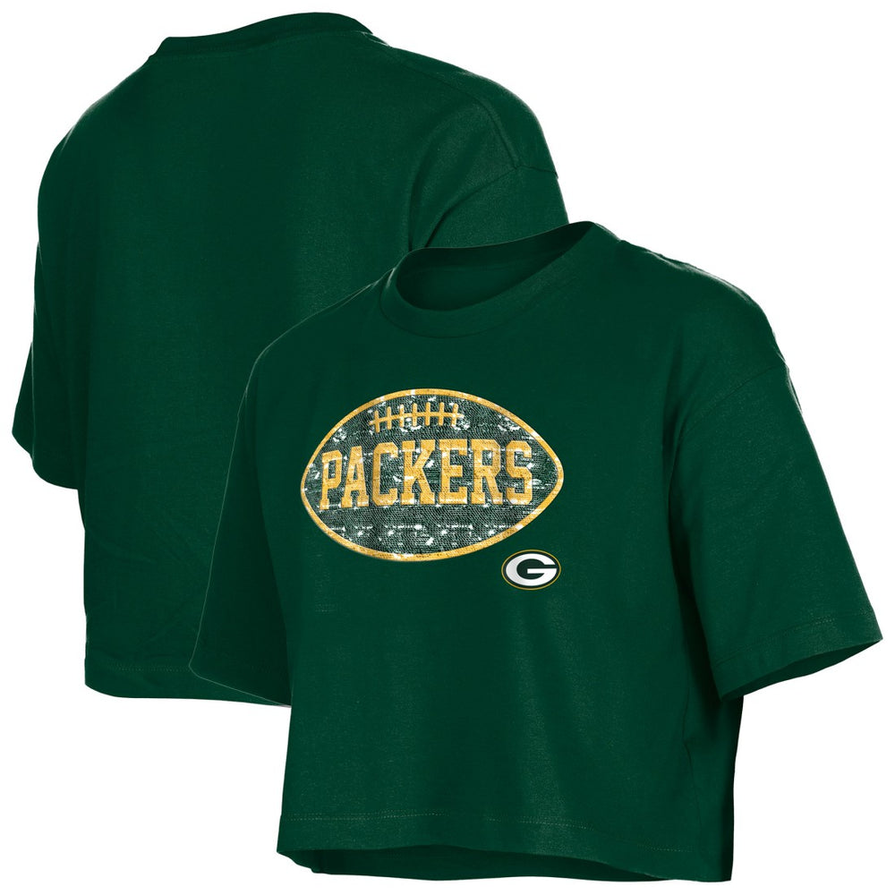 Green Bay Packers New Era Girl's Flip Sequin Boxy T-Shirt - Green on sale
