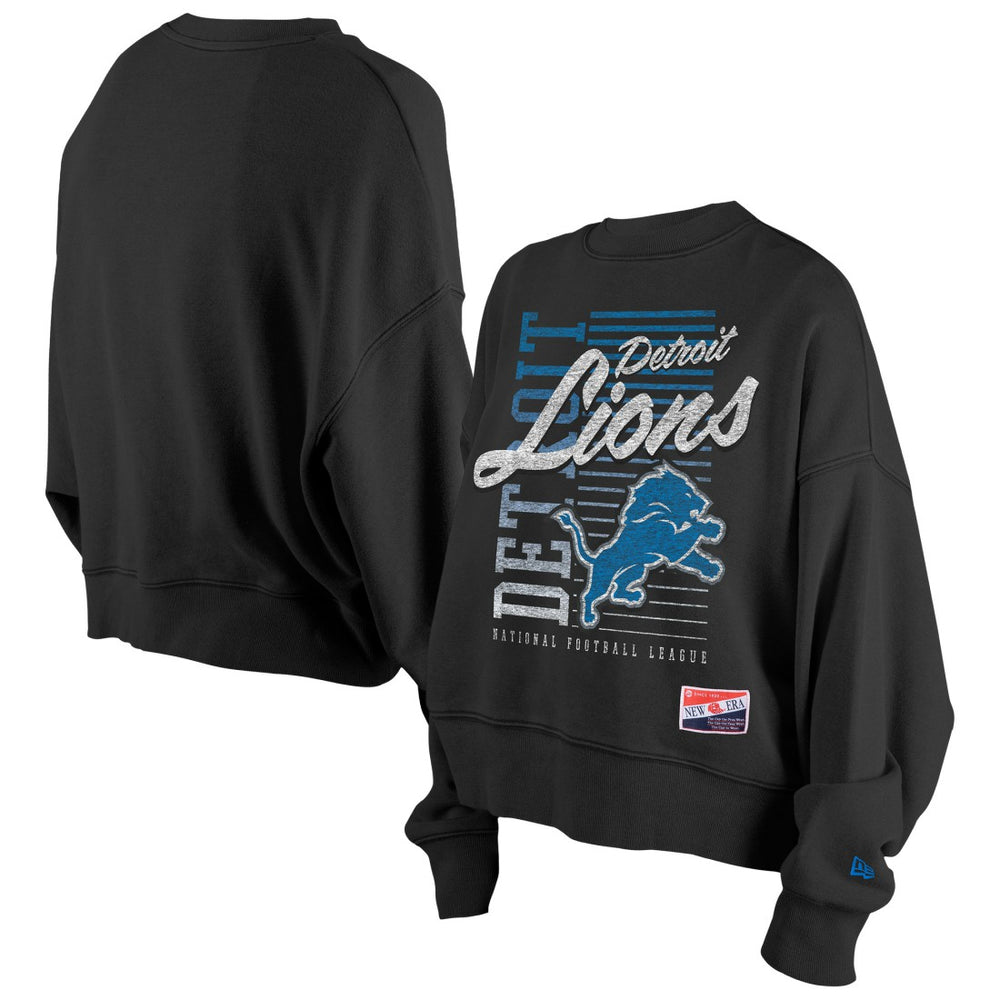 Detroit Lions New Era Women's Oversized Throwback Mineral Wash Crew Neck Sweatshirt - Black cheap