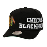Chicago Blackhawks Mitchell & Ness Busted Logo Wordmark Wrap Around Pro Pinch Adjustable Hat Black