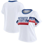 New England Patriots WEAR by Erin Andrews Women's Cropped Center Stripe Dolman T-Shirt - White discount