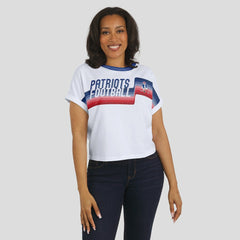 New England Patriots WEAR by Erin Andrews Women's Cropped Center Stripe Dolman T-Shirt - White discount