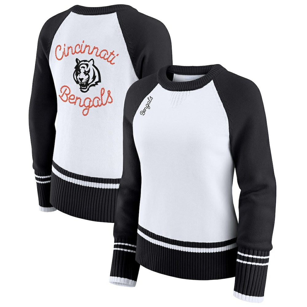 Cincinnati Bengals WEAR by Erin Andrews Women's Colorblock Raglan Sweater - White/Black sale