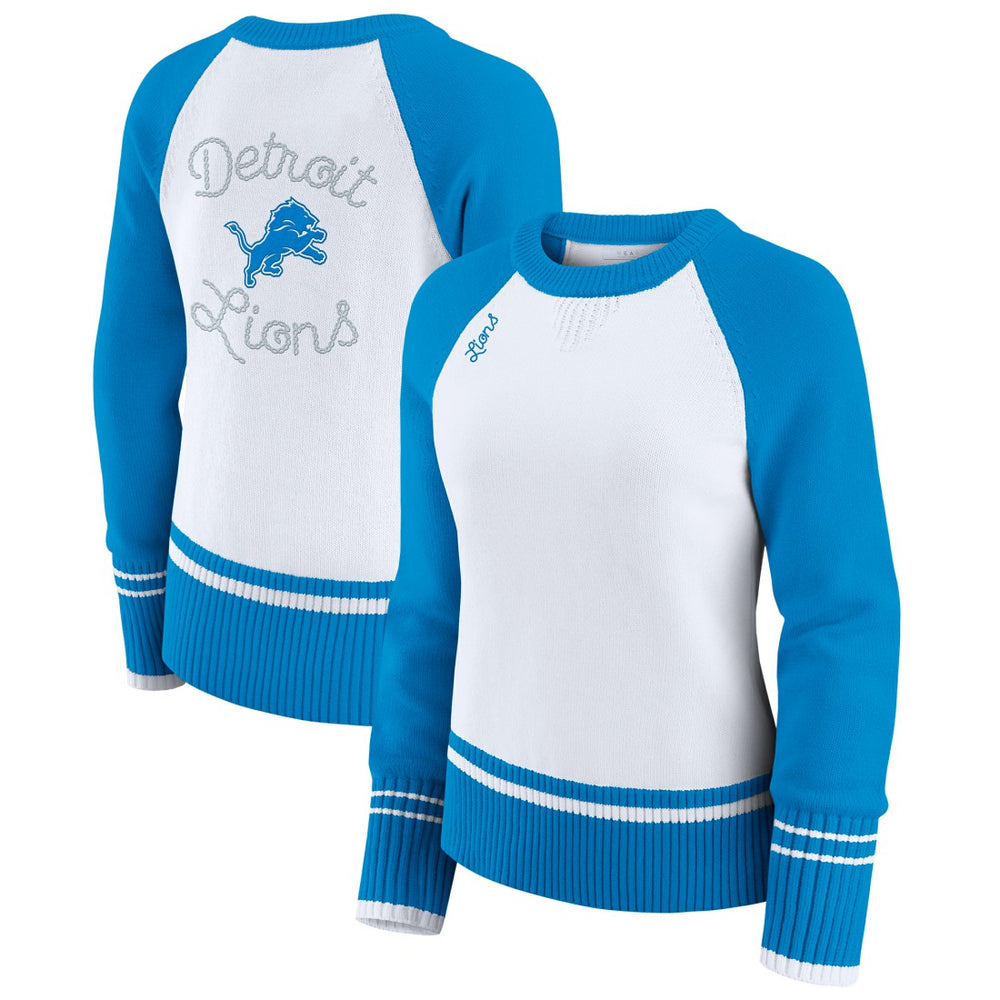 Detroit Lions WEAR by Erin Andrews Women's Colorblock Raglan Sweater - White/Blue on sale