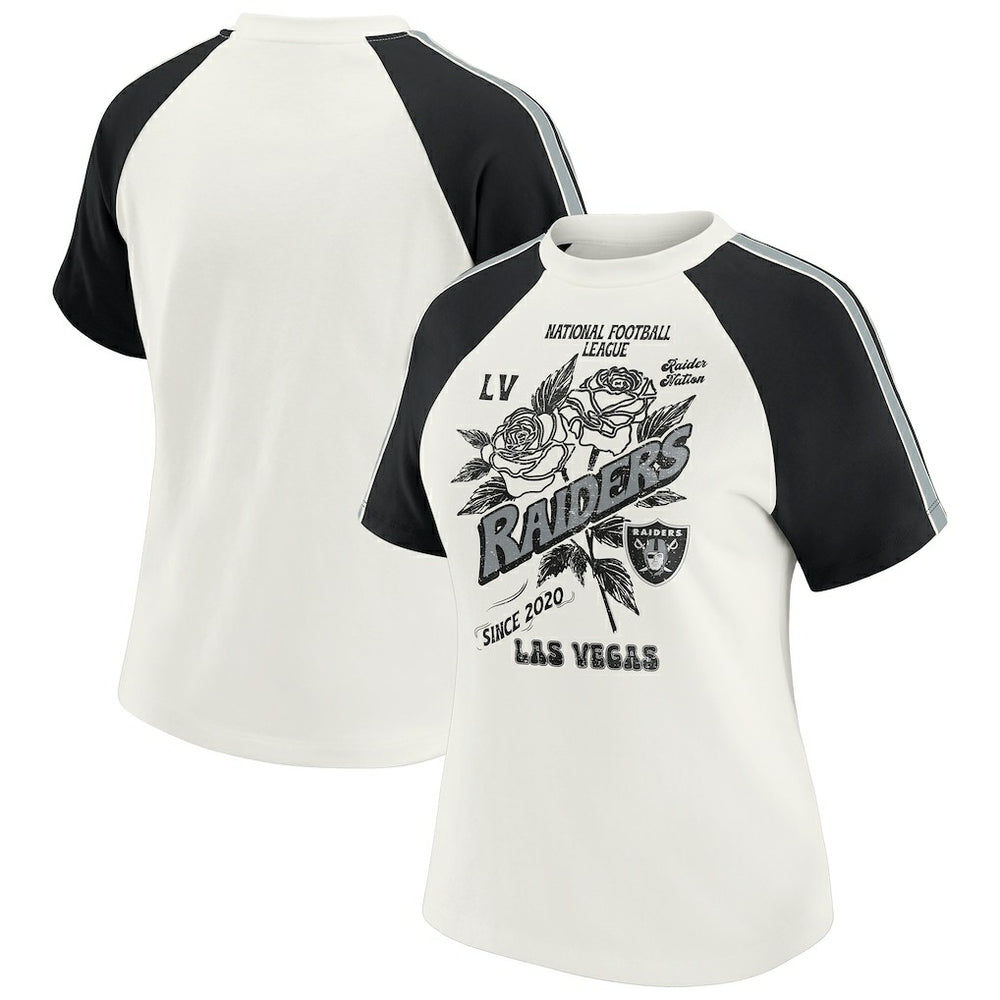 Las Vegas Raiders WEAR by Erin Andrews Women's Sleeve Stripe Distressed Raglan T-Shirt - White discount