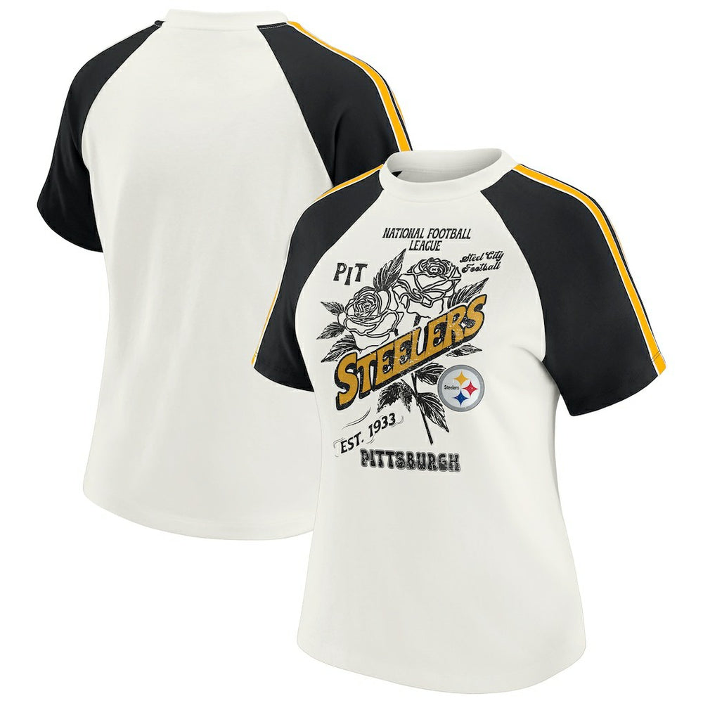 Pittsburgh Steelers WEAR by Erin Andrews Women's Sleeve Stripe Distressed Raglan T-Shirt - White for sale