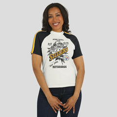 Pittsburgh Steelers WEAR by Erin Andrews Women's Sleeve Stripe Distressed Raglan T-Shirt - White for sale