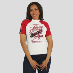 San Francisco 49ers WEAR by Erin Andrews Women's Sleeve Stripe Distressed Raglan T-Shirt - White sale