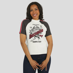 Tampa Bay Buccaneers WEAR by Erin Andrews Women's Sleeve Stripe Distressed Raglan T-Shirt - White discount