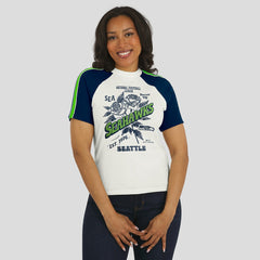 Seattle Seahawks WEAR by Erin Andrews Women's Sleeve Stripe Distressed Raglan T-Shirt - White on sale