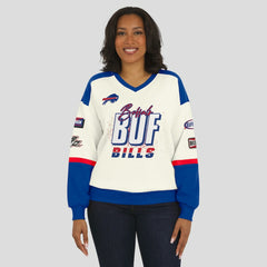 Buffalo Bills WEAR by Erin Andrews Women's Racing Crew V-Neck Sweatshirt - Cream sale