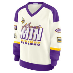 Minnesota Vikings WEAR by Erin Andrews Women's Racing Crew V-Neck Sweatshirt - Cream sale