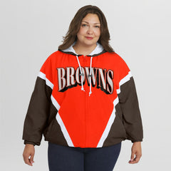Cleveland Browns WEAR by Erin Andrews Women's Plus Size Retro Crinkle Full-Zip Hoodie Windbreaker Jacket - Orange/Brown online