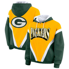 Green Bay Packers WEAR by Erin Andrews Women's Plus Size Retro Crinkle Full-Zip Hoodie Windbreaker Jacket - Gold/Green cheap