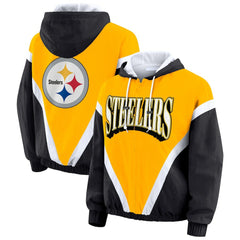 Pittsburgh Steelers WEAR by Erin Andrews Women's Plus Size Retro Crinkle Full-Zip Hoodie Windbreaker Jacket - Gold/Black on sale